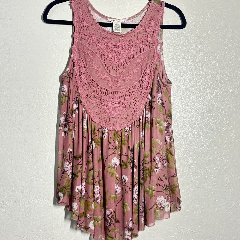 Indigo Thread Co Pink Floral Crochet Lace Sleeveless Boho Tunic Top Women's S